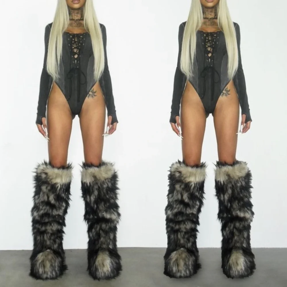 Natural grey thigh high over the knee fur boots size 6
